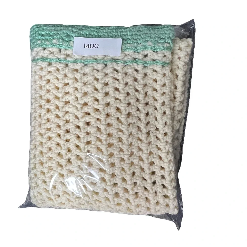 Handmade Crochet‎ Baby Blanket Afghan  Antique White Green Border Neutral New